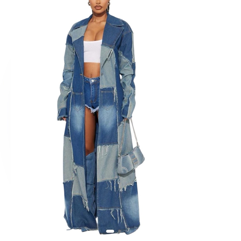 FASHION NOVA New Don’t Talk Loud Denim Maxi Trench Patchwork Floor Length Large